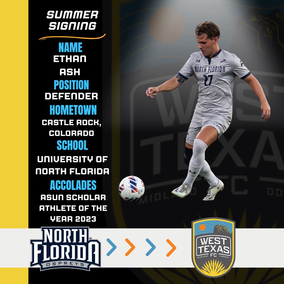 westtexasfc's tweet photo. Welcome, @_iamethanash_ 🤝
Ethan comes from NCAA Division I, University of North Florida. Ash is currently captain of the Ospreys. His awards consist of ASUN Scholar Athlete of the Year 2023 and being named 3rd Osprey in program history to the CSC Academic All-American team. https://t.co/OXbTZFs1tT