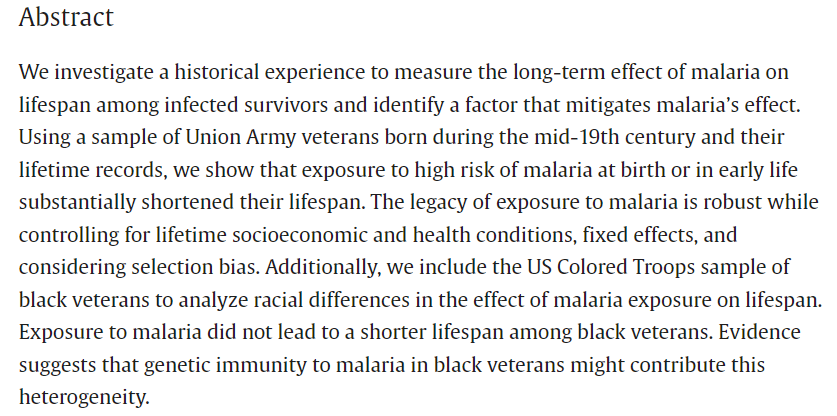 Just accepted: "Race, immunity, and lifespan: Unraveling the effect of early-life exposure to malaria risk on lifespan", by Hong and Hwang, Link: doi.org/10.1016/j.ehb.…