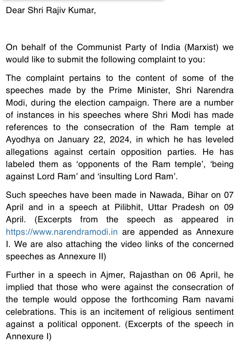 SitaramYechury's tweet photo. We urge the Election Commission to immediately intervene in the matter and take steps to curb the violations of the Model Code of Conduct and apply the law of the land impartially, regardless of the stature of the person involved. Firm and quick action by the Election Commission of India is required to stop the further vitiation of the poll atmosphere.