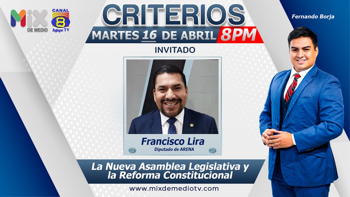 Esta noche, no deje de sintonizar CRITERIOS a partir de las 8:00 PM por Ágape Tv canal 8 y en nuestro YouTube de Mix de medio: youtube.com/@mixdemedio?si… Tema🗣️:'La nueva asamblea legislativa y la reforma constitucional' Invitado: ➡️@franciscolirasv