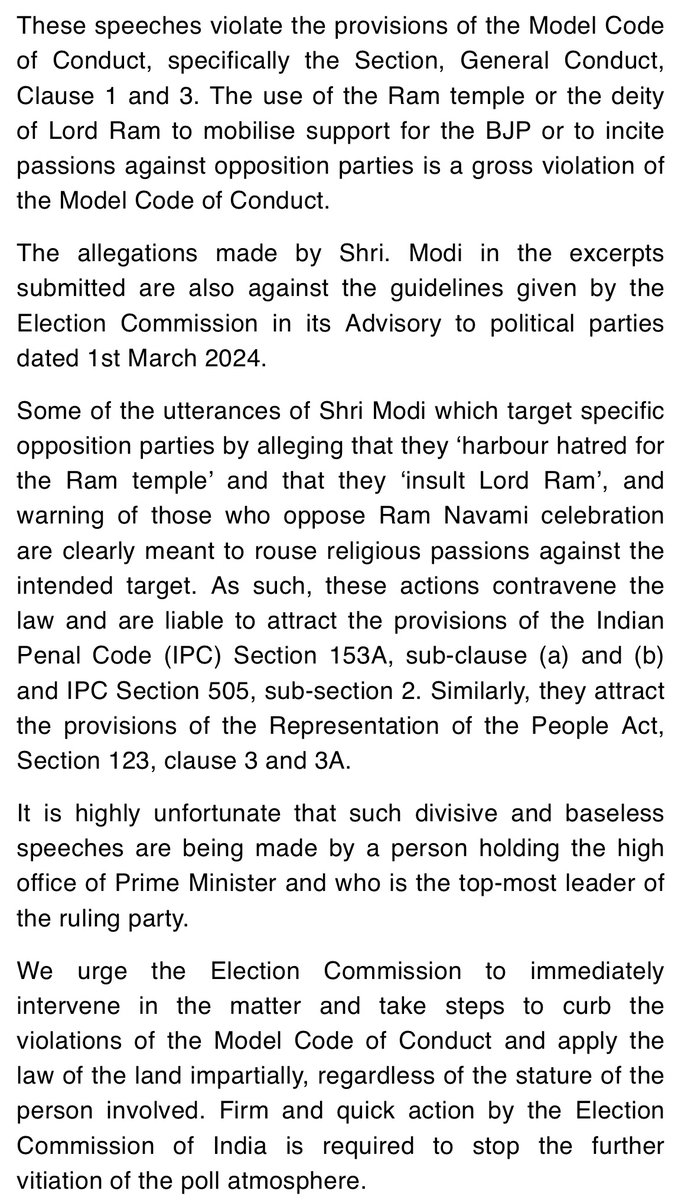 SitaramYechury's tweet photo. We urge the Election Commission to immediately intervene in the matter and take steps to curb the violations of the Model Code of Conduct and apply the law of the land impartially, regardless of the stature of the person involved. Firm and quick action by the Election Commission of India is required to stop the further vitiation of the poll atmosphere.