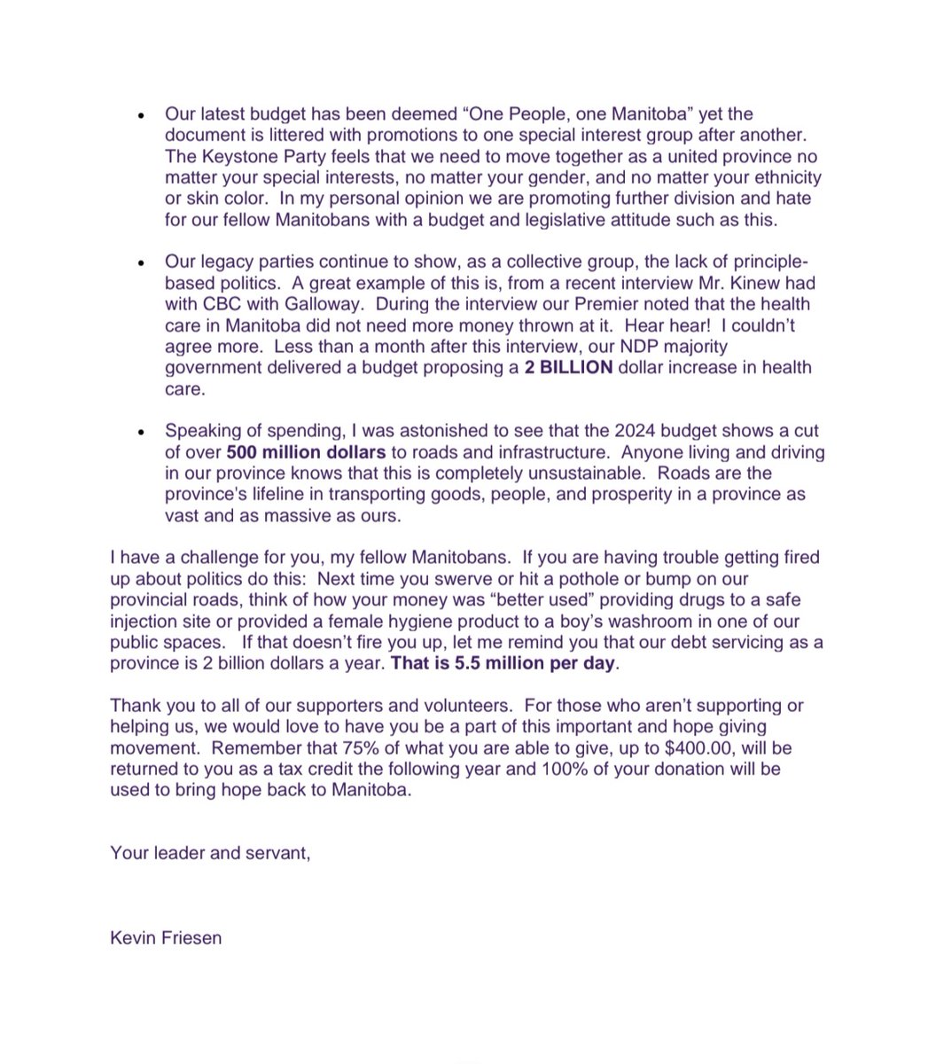 KeystonePartyMB's tweet photo. Letter from our leader, Kevin Friesen.

#KeystonePartyMB
#mbpoli https://t.co/3I7SbNnR6F
