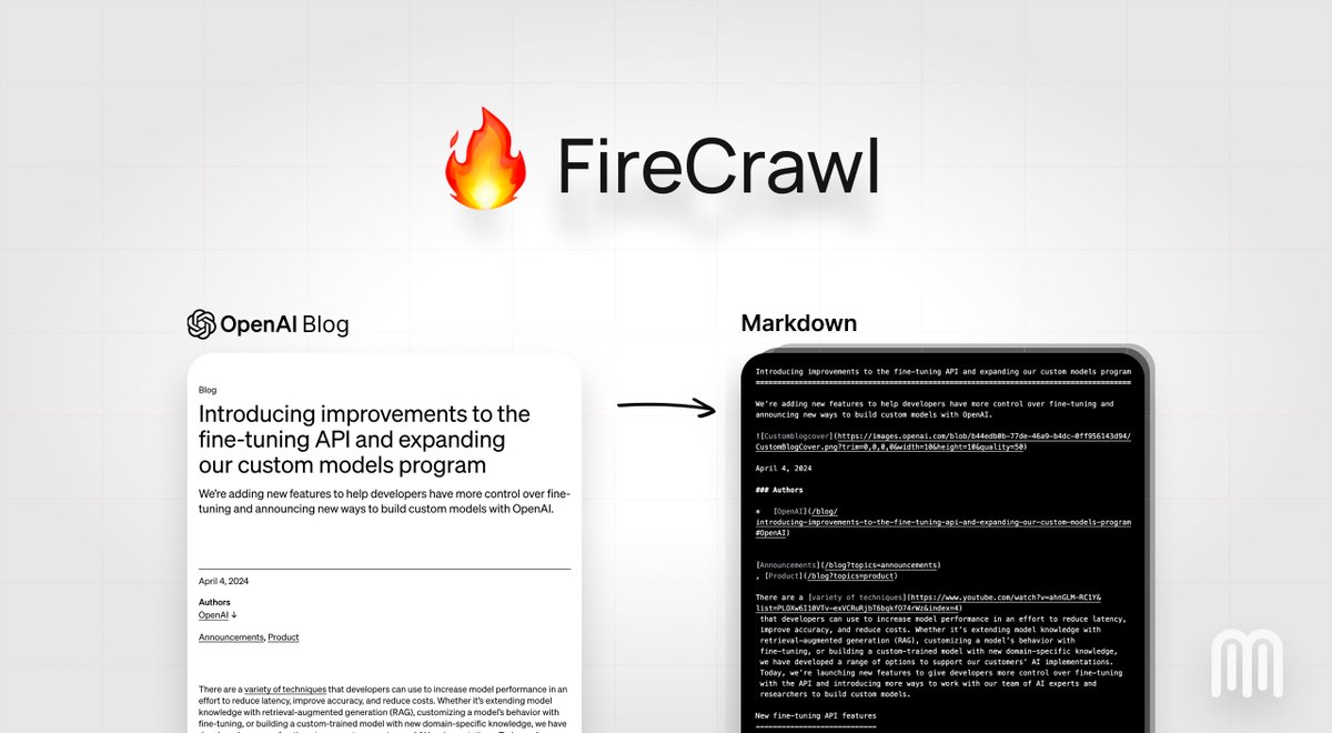 While building Mendable - we found that feeding LLMs well-structured markdown improved accuracy. Also, it was hard.

So, we released an open source repo and an API that crawls and turns entire websites into a markdown with just a few lines of code.

Introducing FireCrawl 🔥 👇