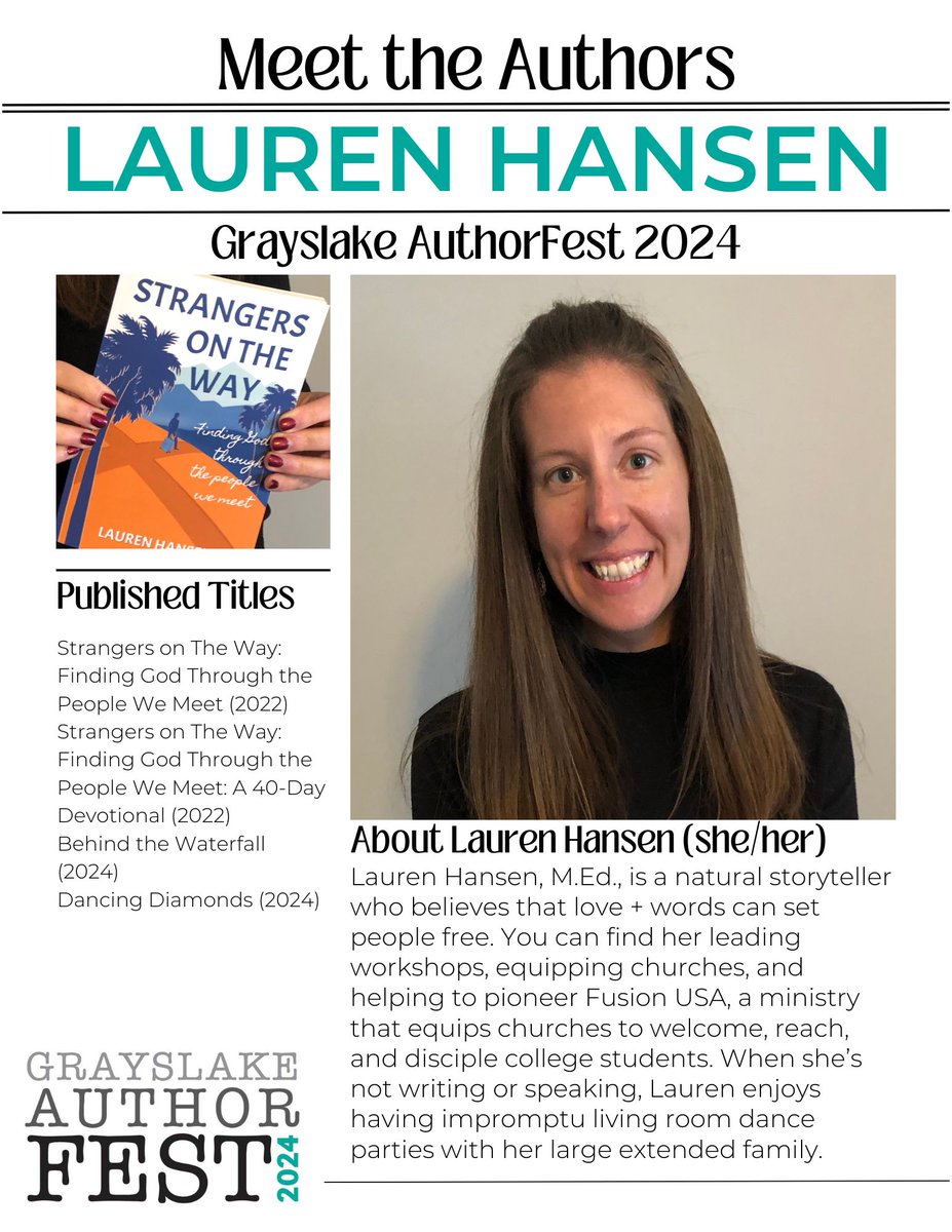 GL_AuthorFest's tweet photo. Check out more of the #FeaturedAuthors for #GrayslakeAuthorFest2024! We've got @FlorenceOsmund, Lauren Hansen, @SaraFujimura and Vanessa M. Knight. Come see them on June 22 outside the @GrayslakeHCM! https://t.co/nqs1nNIpJy