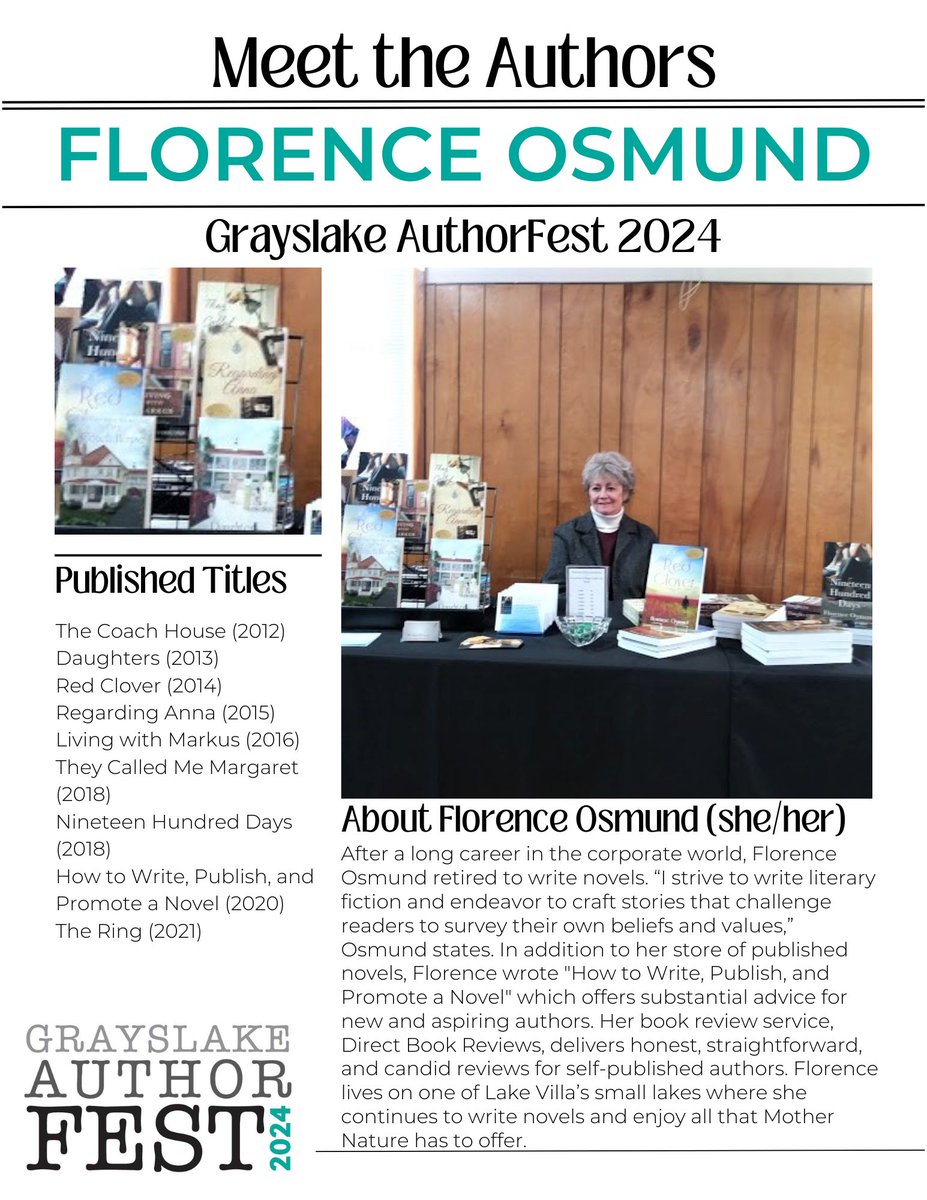 GL_AuthorFest's tweet photo. Check out more of the #FeaturedAuthors for #GrayslakeAuthorFest2024! We've got @FlorenceOsmund, Lauren Hansen, @SaraFujimura and Vanessa M. Knight. Come see them on June 22 outside the @GrayslakeHCM! https://t.co/nqs1nNIpJy
