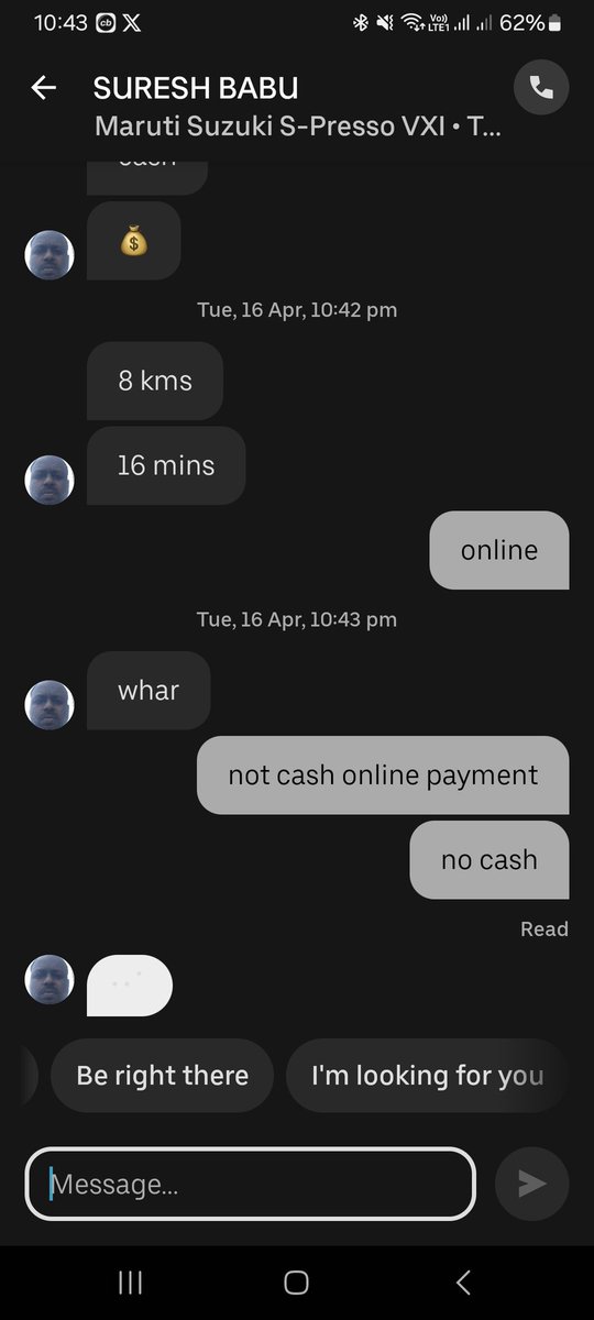 RLB_SE007's tweet photo. Hi @Uber_India and @Uber please check and resolve the drivers need and on time payment.  They are cancelling trips due to online payment option.  This happened just now again and also many times earlier as well. 16.4.24 10:50pm https://t.co/CPMg9NJPQY