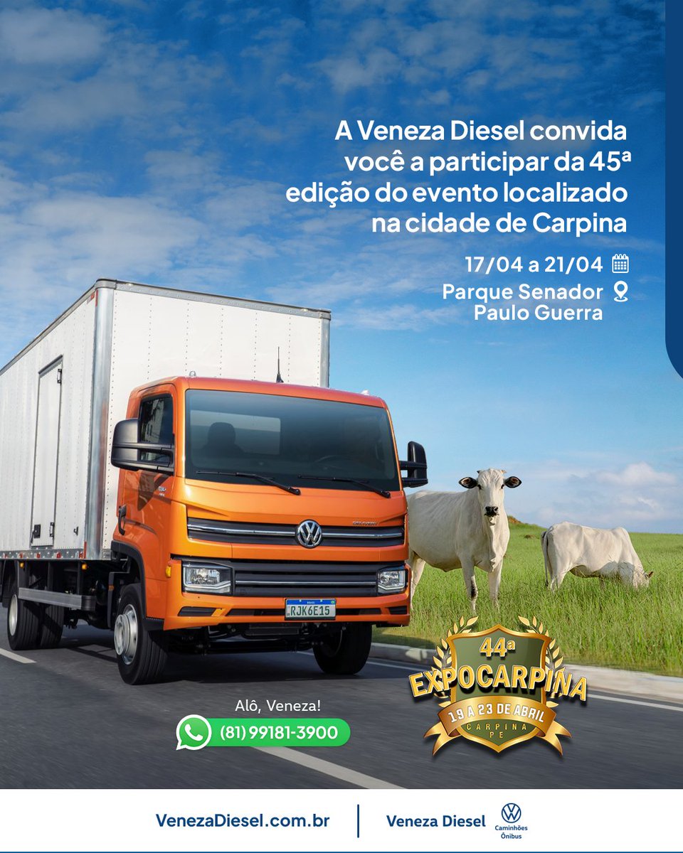 boraveneza's tweet photo. Venha se juntar a nós na 45ª edição da ExpoCarpina! Não perca a oportunidade de ficar por dentro das novidades do setor! 

Anote na agenda:
📍 Parque Senador Paulo Guerra, Carpina - PE
🗓️ 17/04 a 21/04
Esperamos por você lá!

Fale com a gente pelo Whatsapp! 📱
(81)  99181-3900 https://t.co/grcPV9i8yf