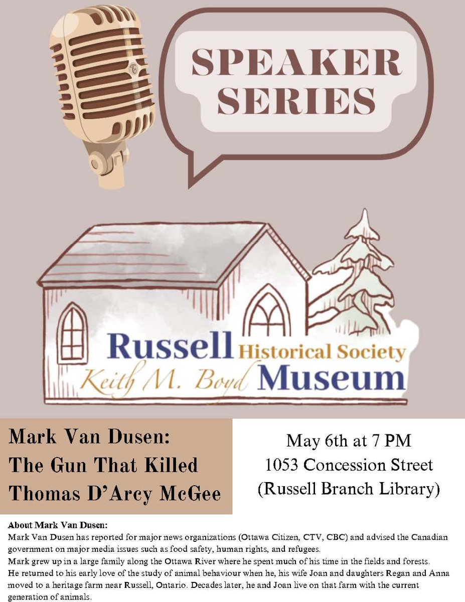 Our next Speaker Series event is sure to be a fascinating one! Join us on May 6th at 7PM at the Russell Library to hear Mark Van Dusen talk about the gun that killed Thomas D'Arcy McGee. #speakerseries #russellhistoricalsociety #localhistory #canadianhistory #russellontario