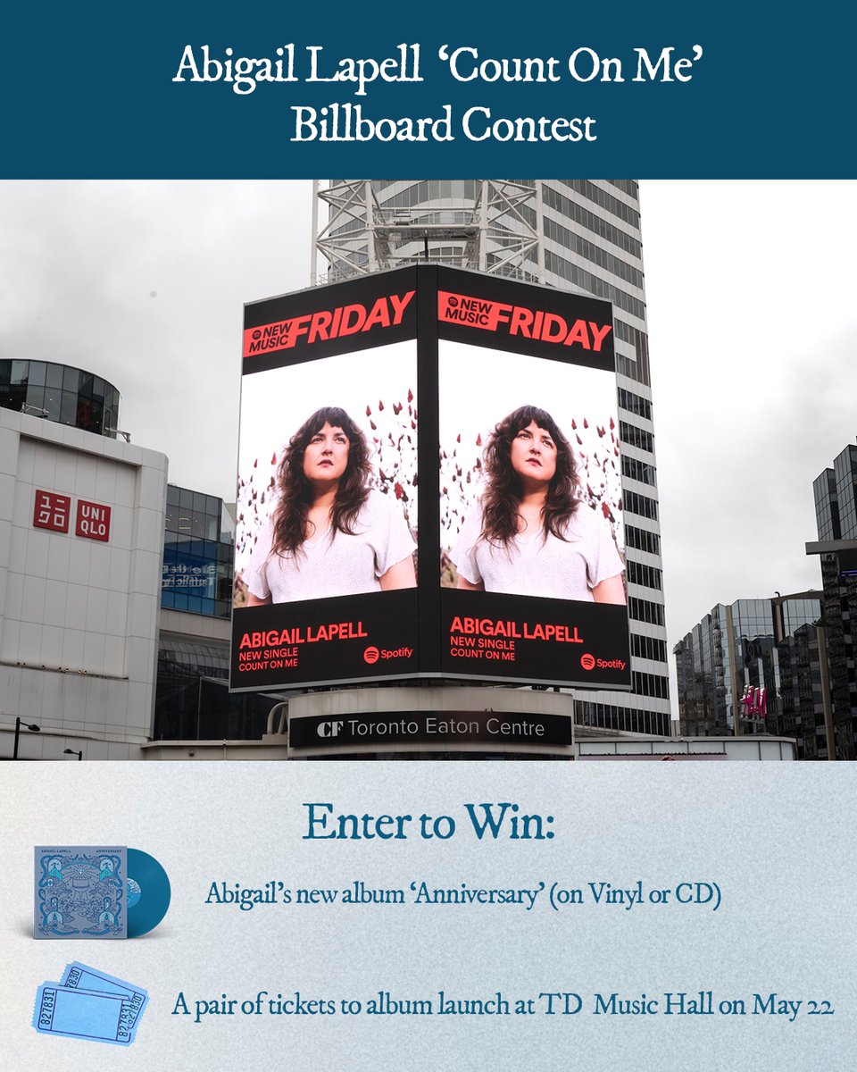Abigail Lapell (@abigaillapell) on Twitter photo My new single "Count on Me" came out last week, and this happened.
ICYMI: Repost this and tag me and <a href="/OutsideMusic/">Outside Music</a> for a chance to win a copy of my new album Anniversary AND a pair of tickets to the Toronto album launch May 22 at <a href="/tdmusichall/">TD Music Hall</a> ❤️
ffm.to/countonme_ My new single "Count on Me" came out last week, and this happened.
ICYMI: Repost this and tag me and <a href="/OutsideMusic/">Outside Music</a> for a chance to win a copy of my new album Anniversary AND a pair of tickets to the Toronto album launch May 22 at <a href="/tdmusichall/">TD Music Hall</a> ❤️
ffm.to/countonme_