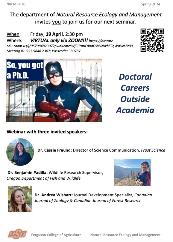 Come join us for another installment of seminar on Friday, April 19th! This week, we will have a webinar with Dr. Cassie Freund, Dr. Benjamin Padilla, and Dr. Andrea Wishart. All are welcome to attend virtually on Zoom at the link in the flyer. See you all there!