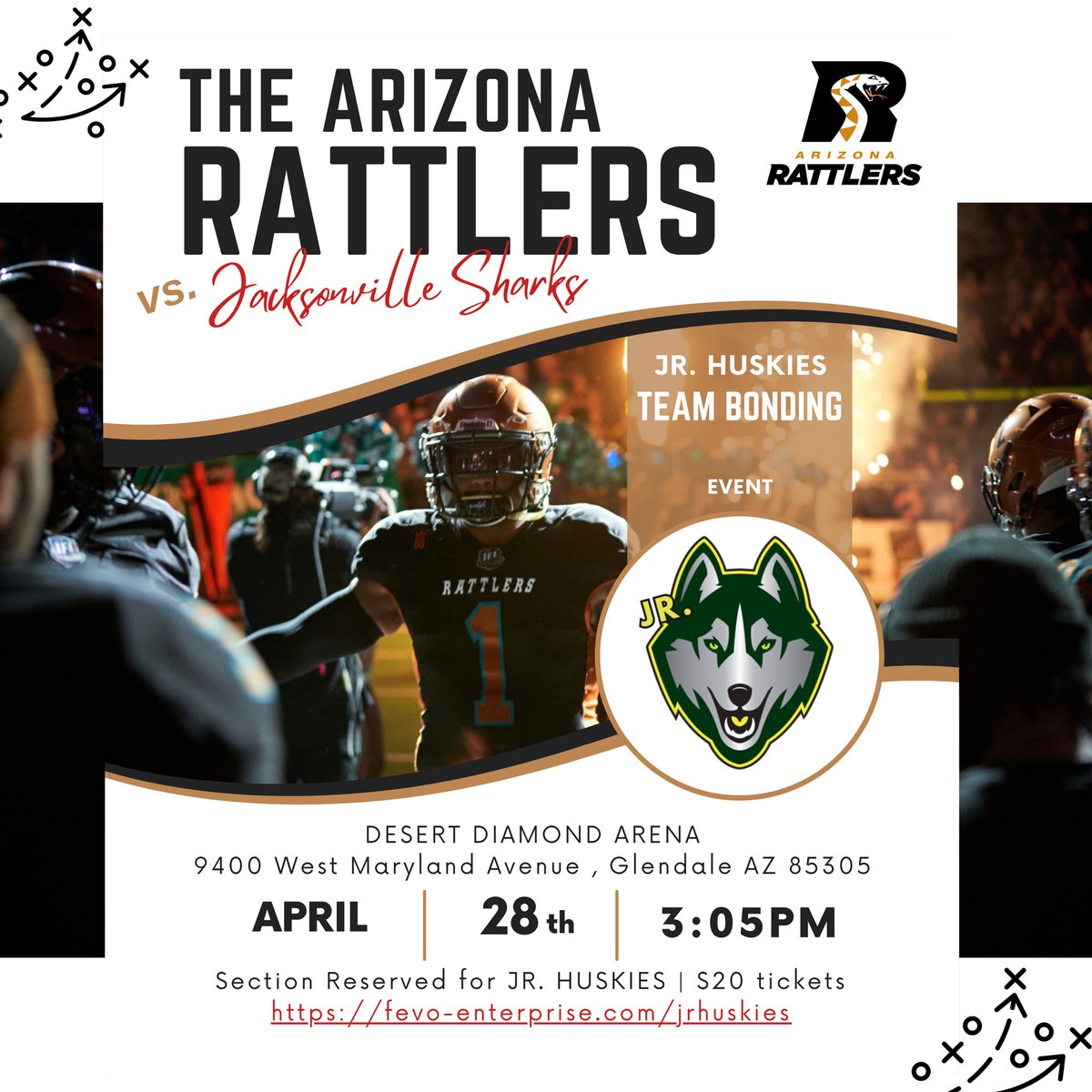Hey Jr. Huskies, let's pack the house! Get your tickets today for our Team Bonding event, where we'll be watching the Arizona Rattlers take on the Jacksonville Sharks. <a href="/ArizonaRattlers/">Arizona Rattlers</a>