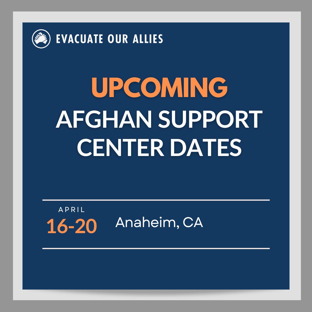 THIS WEEK: Visit @EvacOurAllies and @GlobalRefuge, @project_anar, @AfghansTomorrow, @AILANational, 5ive Pillars Org at the @USCIS Afghan Support Center in Anaheim, CA! Learn more: centersforafghansupport.org/location/anahe…
