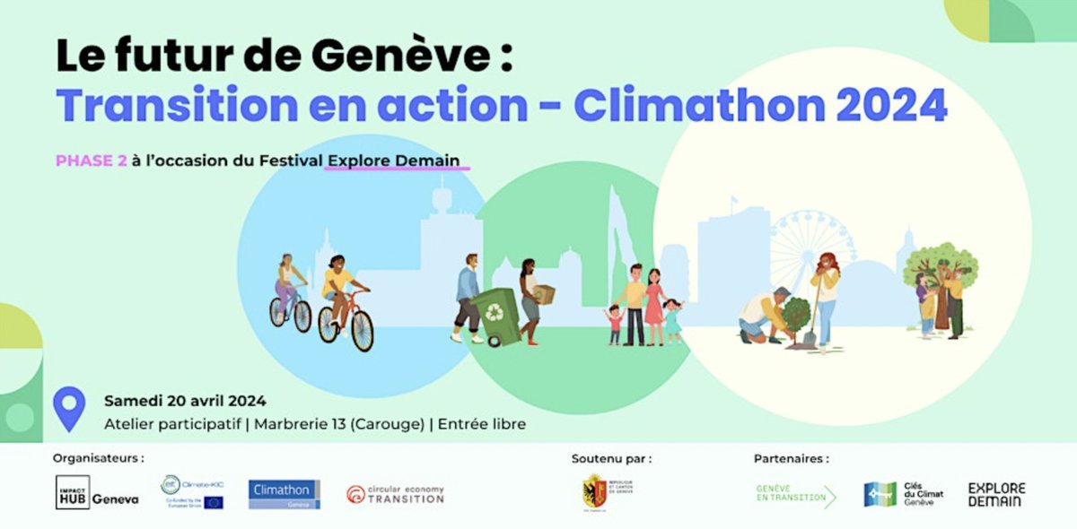 Dans le cadre du Festival #ExploreDemain et avec le soutien de la Direction de la durabilité et du climat et la @VilleDeGeneve, @impacthubgeneva vous invite à participer à la deuxième phase du #Climathon le samedi 20 avril 2024 - Infos ici : eventbrite.ch/e/climathon-20…