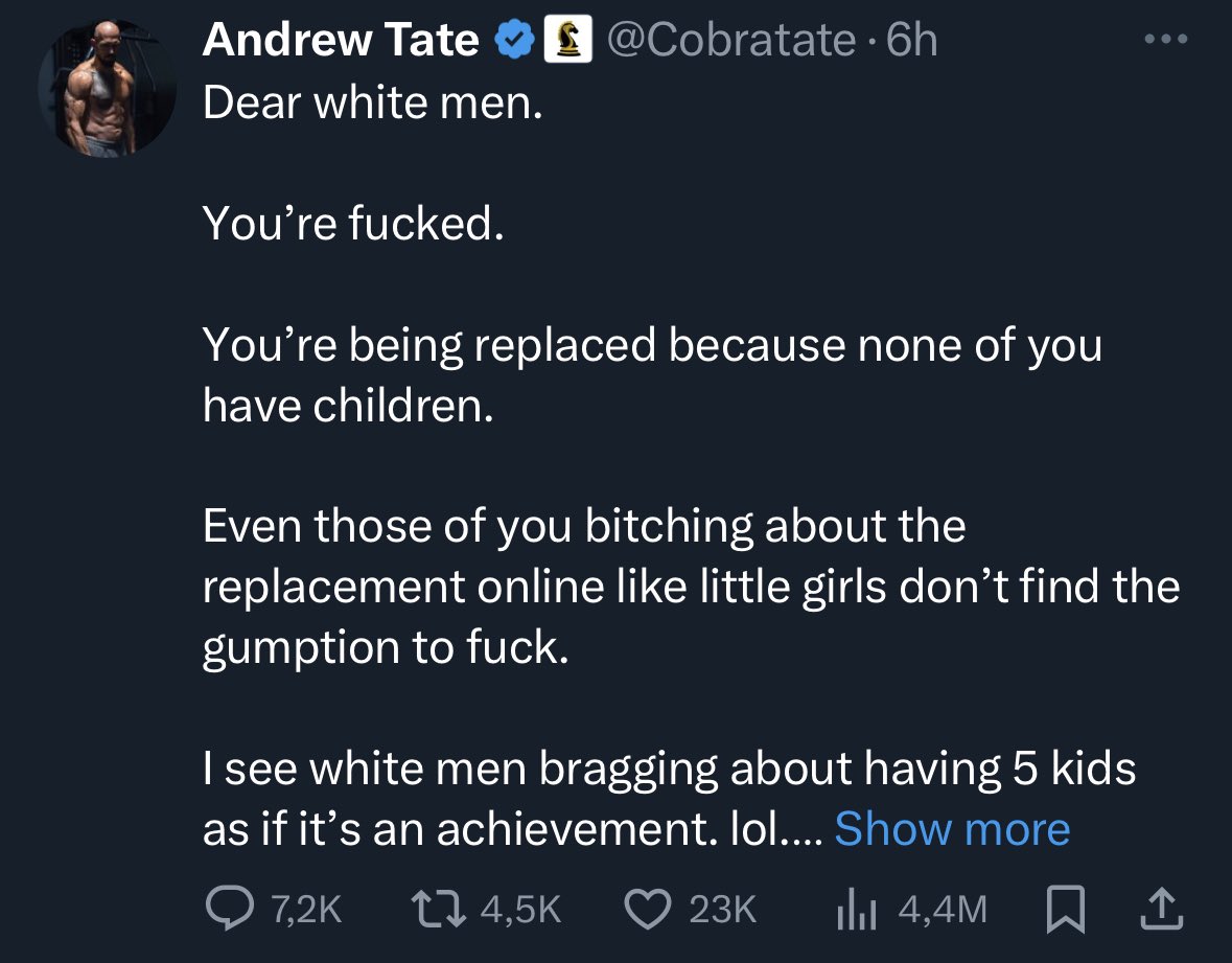 iamyesyouareno's tweet photo. Andrew Tate is trying to demoralize White men with this rhetoric. Why? 

It’s not about “outbreeding” these third worlders, it’s about getting them out of the first world, our countries. Sending them back home. https://t.co/8teqaVVI0m