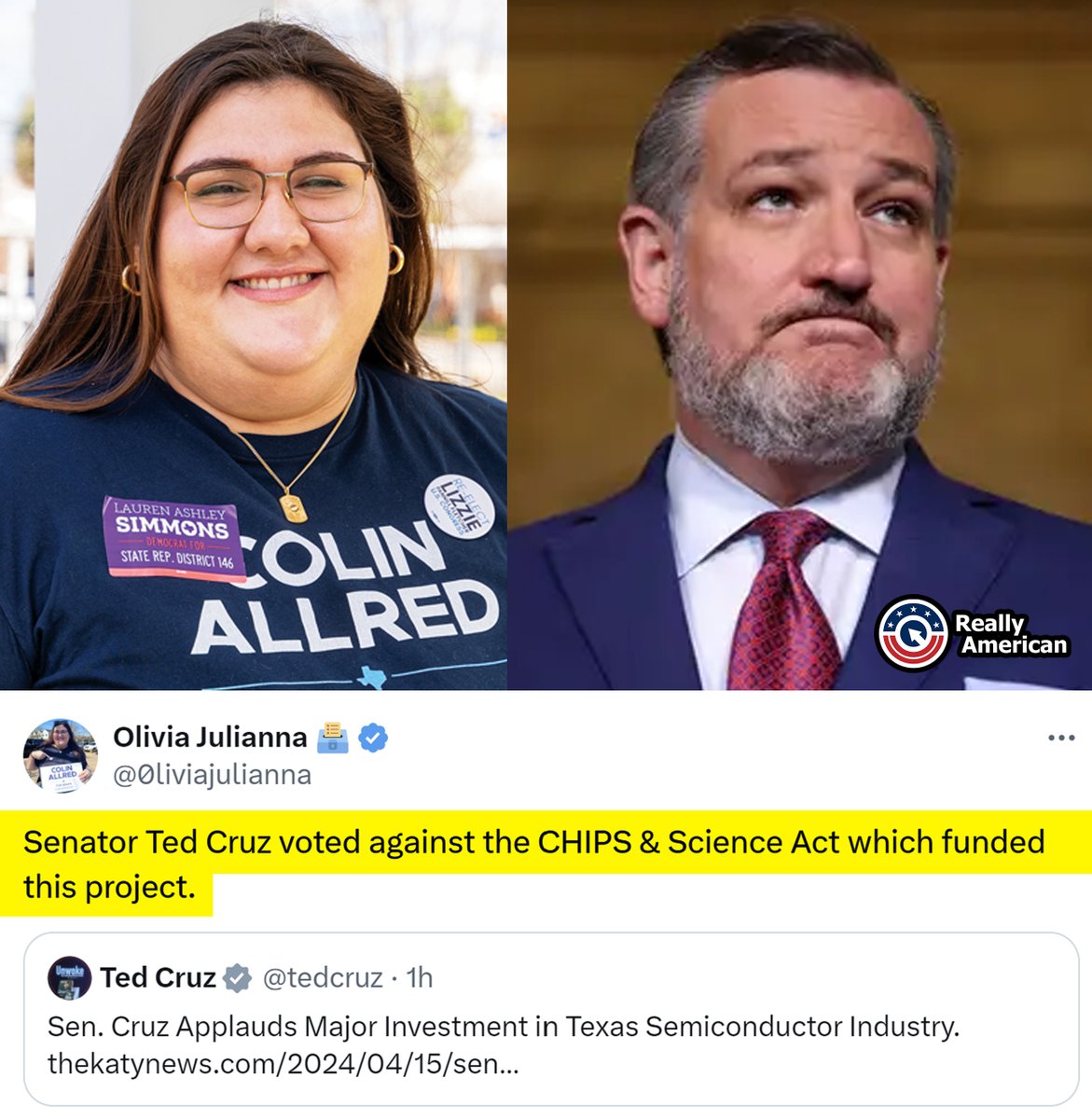 🚨🚨TED CRUZ BUSTED AGAIN: Senator Ted Cruz took time away from promoting his podcast to brag about a 'major investment in Texas Semiconductor Industry.' The same investment that he voted AGAINST -- it was President Biden's CHIPs & Science Act that he voted against which was