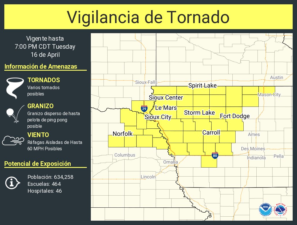 Vigilancia de Tornado ha sido emitida para partes de Iowa, Nebraska y South Dakota hasta las 7 PM CDT