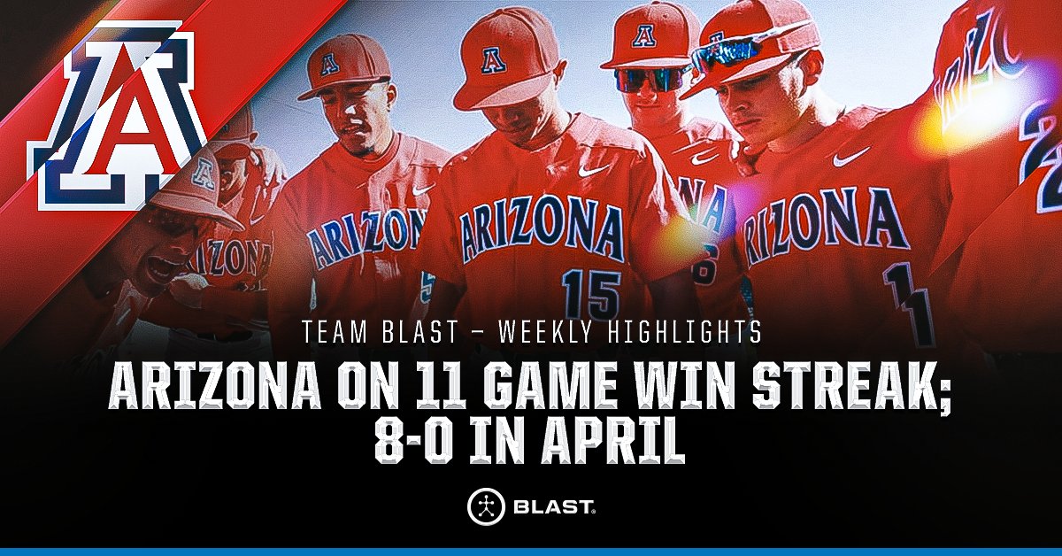 #𝗧𝗘𝗔𝗠𝗕𝗟𝗔𝗦𝗧 𝗪𝗘𝗘𝗞𝗟𝗬 𝗛𝗜𝗚𝗛𝗟𝗜𝗚𝗛𝗧 ⚾ @arizonabaseball got hot at the end of March and hasn't looked back! Currently on an 11-game win streak, the Wildcats are 8-0 in April! 👏 Their @pac12 record is 10-5, good for third in the standings!