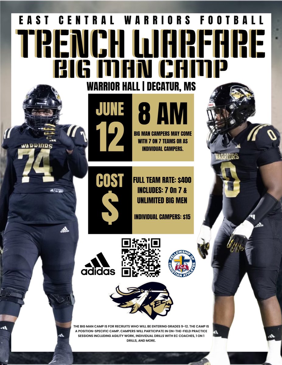 👀7 ON 7 + BIG MAN CAMP ✈️THE AIR SHOW ✈️ ‼️ TRENCH WARFARE ‼️ ➡️PRE-REGISTER BY JUNE 1ST 📍WARRIOR HALL - DECATUR, MS 💰$300 FOR 7 ON7 TEAM , $400 7 ON 7 + BIGS