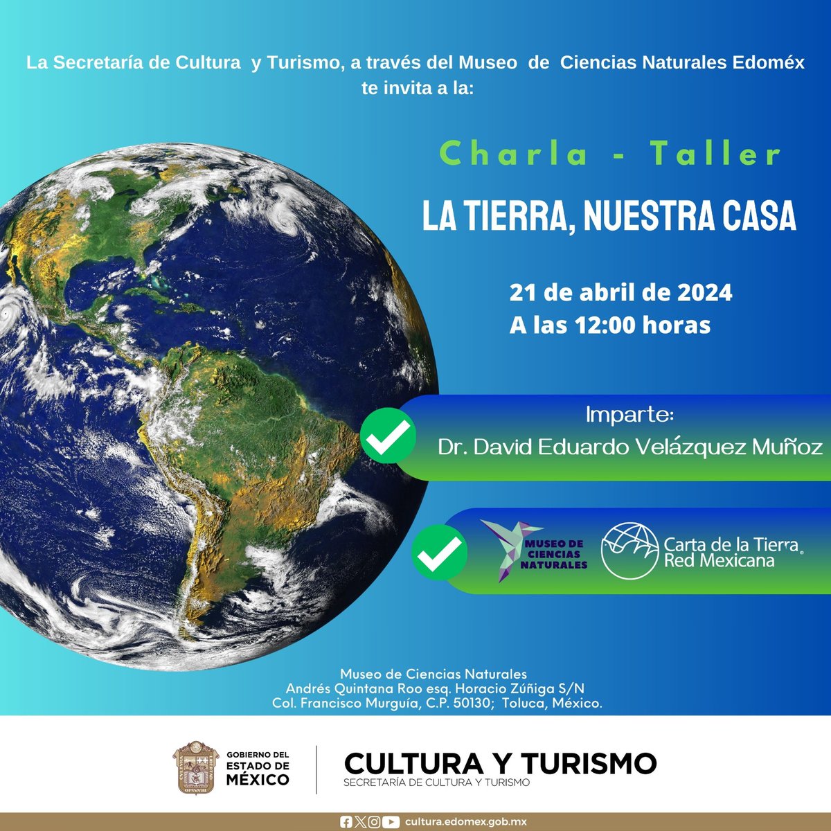 🌎 El 22 de abril se conmemora el Día Mundial de la Tierra, el tema de este año es Planeta vs plásticos.  El Museo de #CienciasNaturalesEdoméx💚 te invita a disfrutar de esta Charla-Taller donde encontrarás toda la información.
¡Únete a restaurar la madre Tierra!

Más detalles 👇🏼