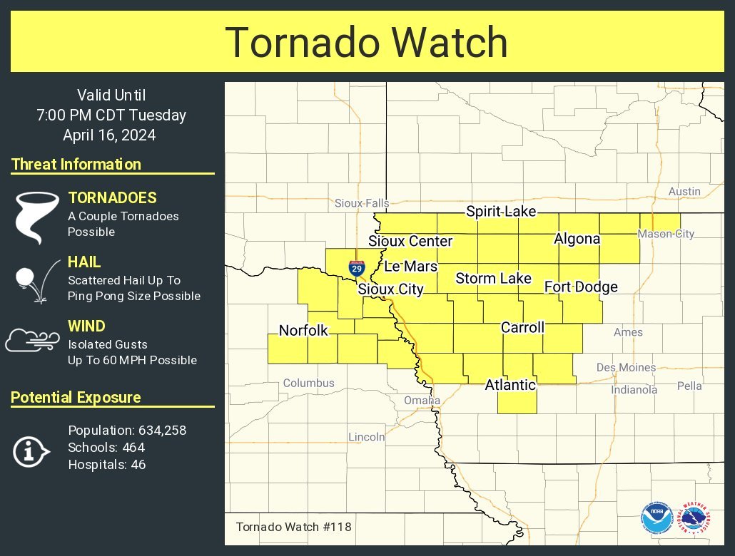 #TornadoWatch for #SiouxCenter,#SiouxCity,#SouthSiouxCity,#SeargentBluff,#FortDodge,#NorfolkNE cities of NW #Iowa,NE #Nebraska and SE #SouthDakota states
#Wxtwitter #SPC #SevereWX #Tornado #Hail #Wind #IAwx #NEwx #SDwx #tornadoAlley