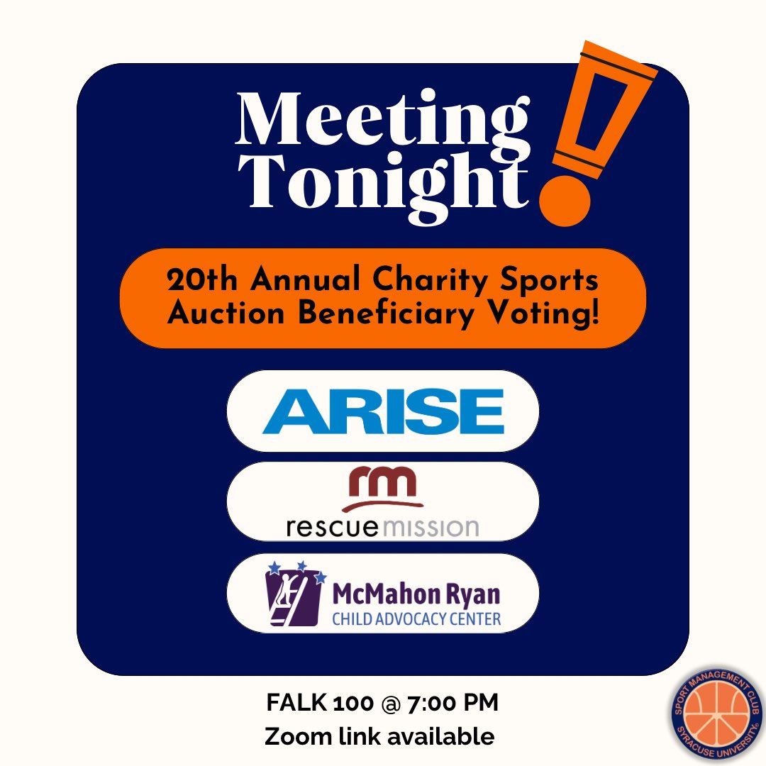 Tonight is one of the most important club meetings of the semester as we will be voting for this year’s auction beneficiary. We really encourage all of you to be there and to really pay attention! The meeting will take place in Falk 100 at 7pm EST.