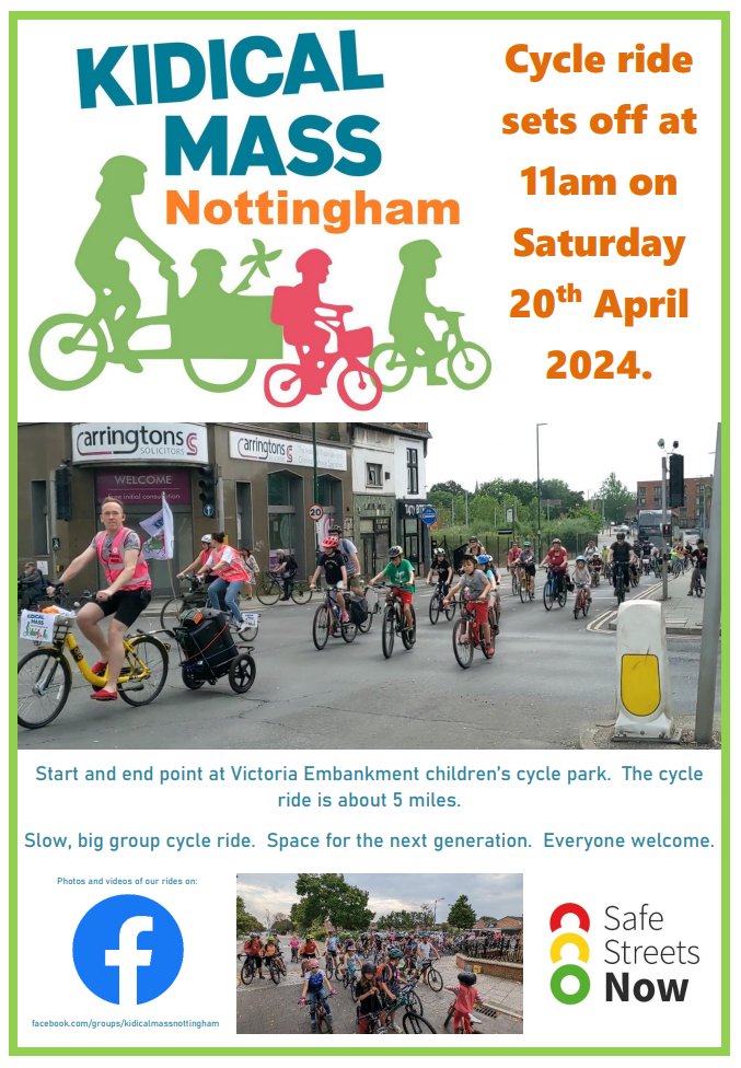 Kidical Mass Nottingham, this Saturday! We need more safe and dedicated cycle lanes. We need changes to make short trips easier, quicker and safer by active travel. Kidical Mass leaves at 11am. Dr Bike will be there from 10-11am to fix any problems! #nottingham #kidicalmass