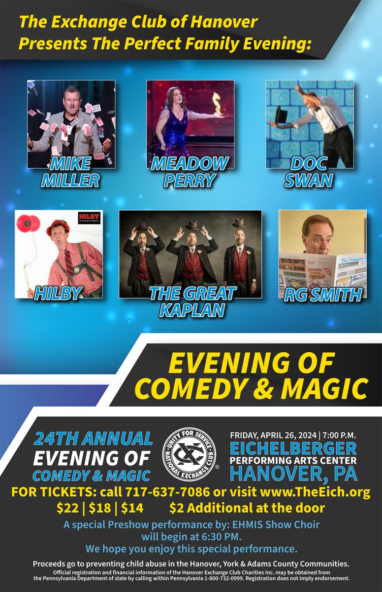 Great Family Fun and Entertainment on Friday, April 26, 2024, at The Eichelberger Performing Arts Center.  The EHMIS Show Choir will perform starting at 6:30 PM.
Come out and help raise funds for the Club's Efforts to Prevent Child Abuse in Our Local Community.
#preventchildabuse