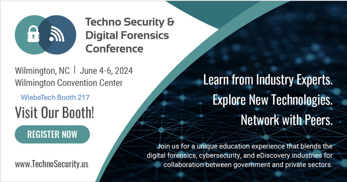 WiebeTech's tweet photo. Come see us at #TechnoSecurity, June 4-6, 2024, in Wilmington, NC. Learn from industry experts and discover the latest innovations in #cybersecurity #digitalforensics and #eDiscovery. Use code WIEBE24 for 10% off. Visit https://t.co/LsOrUcSGAo https://t.co/Uu8q0noLMi