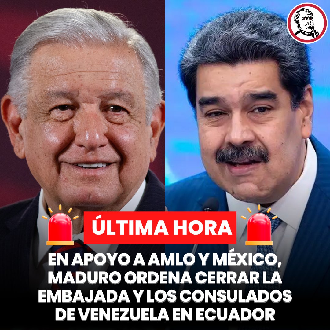 🚨#ÚLTIMAHORA En apoyo a México 🇲🇽 y al Presidente @lopezobrador_, el Presidente de Venezuela, 🇻🇪 @NicolasMaduro, ordenó cerrar todas sus sedes diplomáticas en Ecuador.🇪🇨 “He ordenado cerrar nuestra Embajada en Ecuador, cerrar el consulado en Quito, cerrar de inmediato el…