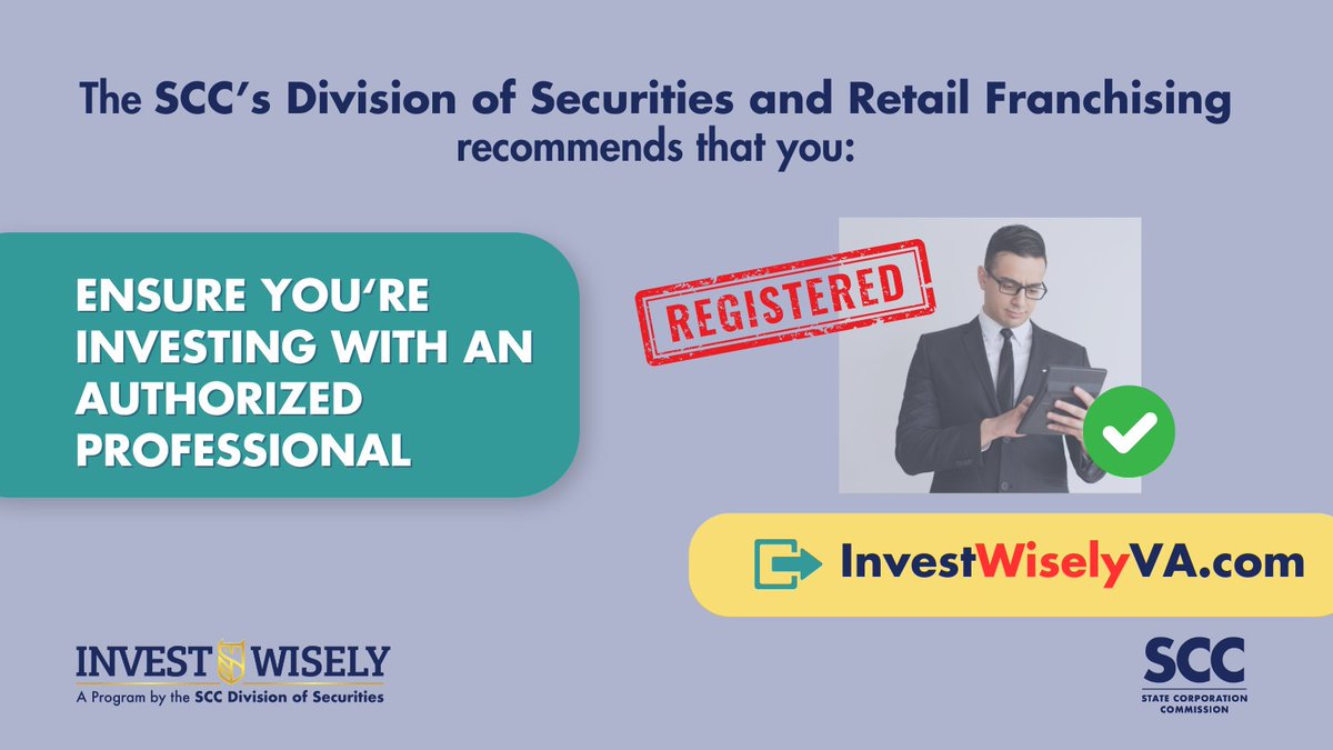 During Financial Capability Month, SCC reminds Virginians to investigate BEFORE you #invest. Understand an #investment & person offering it & 
make sure you are dealing with an authorized professional when #investing. InvestWiselyVA.org #InvestWiselyVA #financialcapability
