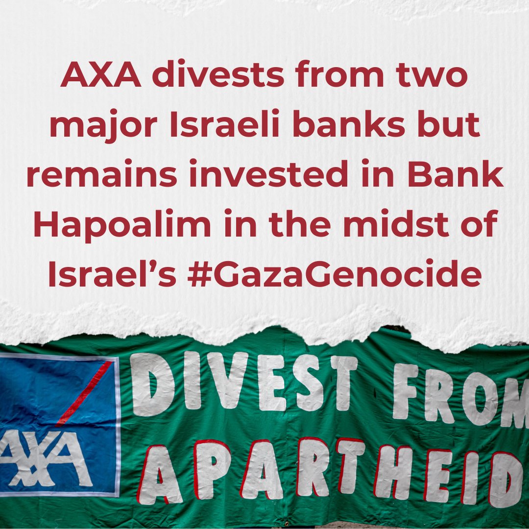 AXA still owns shares worth $2.6 million in Bank Hapoalim, one of the largest Israeli commercial banks that is blocklisted by the UN for financing Israel’s illegal settlement 

#axadivest #boycottaxa #knowyoucan #axachangemakers
@axa
@axa_uk
#bds 
#thepowerisinyourpocket