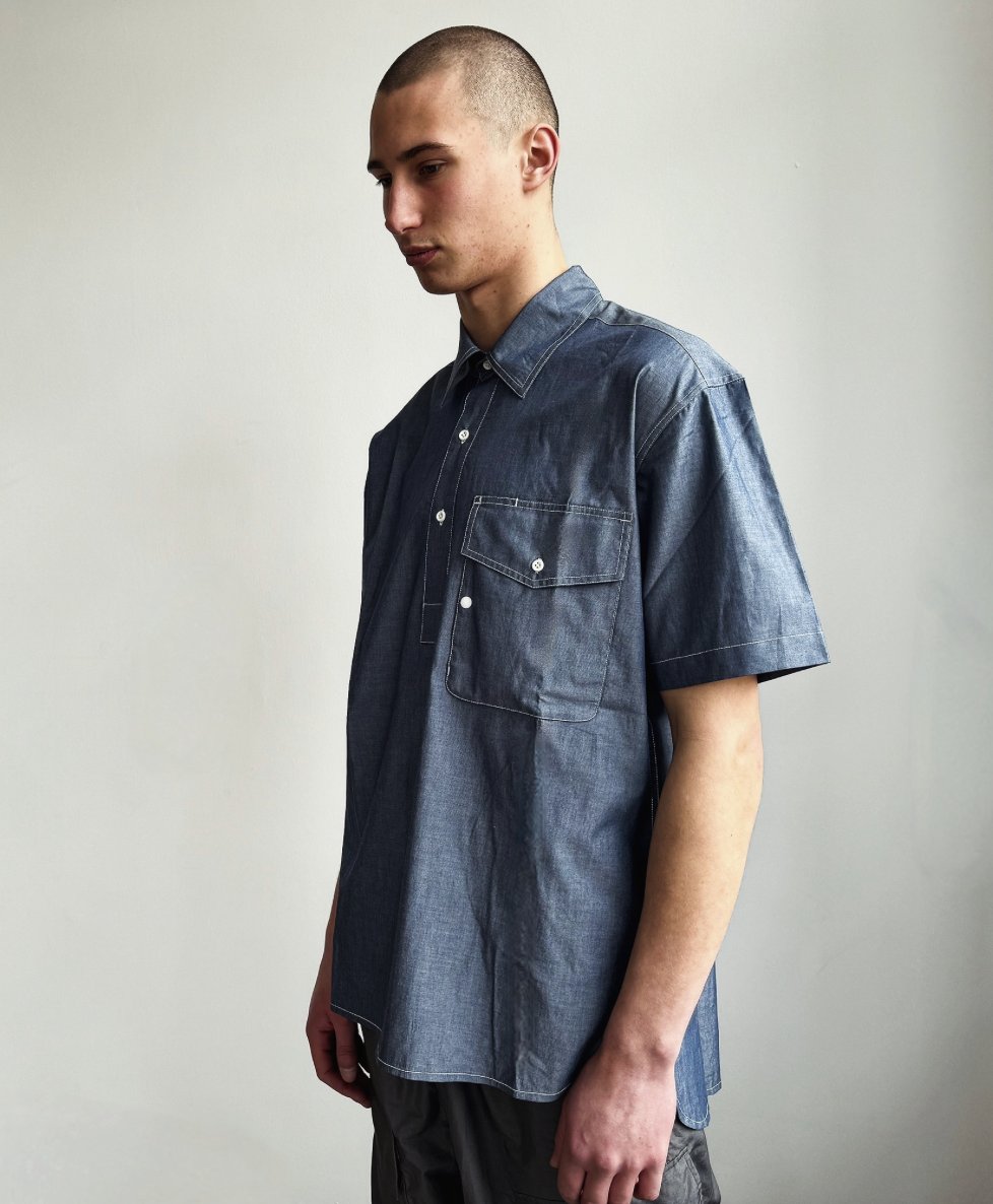 Sark shirt in cotton chambray. Spring / summer 1st drop catalogue available on request now. Contact: info@hawkwoodmercantile.com #hawkwood #hawkwoodmercantile #menswear #shirting #outerwear #garmentdyed #smock #jacket