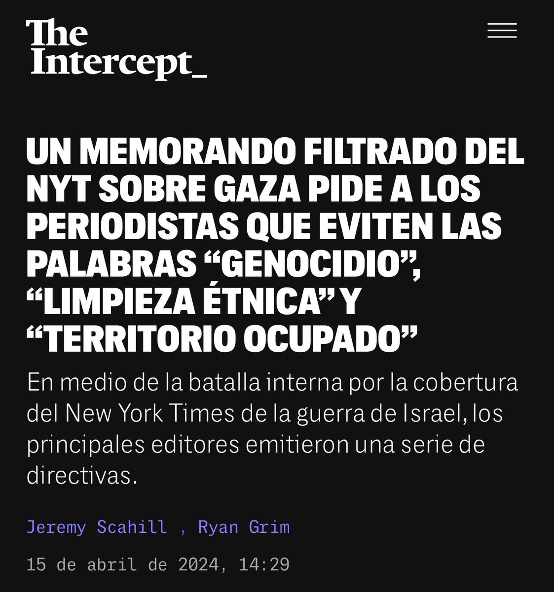 Un memorando filtrado de New York Times pide a los periodistas que eviten las palabras “genocidio”, “limpieza étnica” y “ territorio ocupado” cuando hablen del genocidio o de la limpieza étnica que está llevando a cabo Israel en el territorio ocupado de Palestina. Ya sabéis.