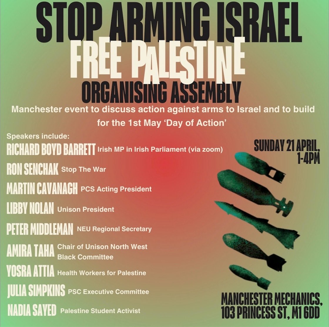 Book tickets here: bit.ly/PalestineAssem…
Please retweet 
<a href="/PSCupdates/">Palestine Solidarity Campaign</a>
<a href="/STWuk/">Stop the War Coalition</a>
<a href="/UNISONLibby/">Nolanlibby@aol.com</a>
<a href="/HA4Palestine/">Health Workers Alliance for Palestine</a>
<a href="/cavanagh4/">Martin Cavanagh</a>
<a href="/NEUNorthWest/">NEU North West Organisers</a>
<a href="/RBoydBarrett/">Richard Boyd Barrett</a>
<a href="/lamintouray96/">Lamin Touray</a>
<a href="/PCS_Northwest/">PCS North West</a>
<a href="/medicalaidgaza/">Medical Aid for Palestine</a>
<a href="/JAFPmcr/">Jewish Action for Palestine Manchester</a>
@JVoiceLabour
<a href="/NorthWestUNISON/">UNISON North West</a>
⁦<a href="/FriendsofAlAqsa/">Friends of Al Aqsa</a>⁩
