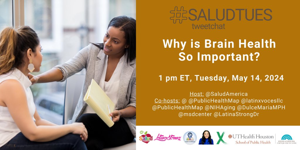 Mark your calendars for the #SaludTues Tweetchat “Why Is Brain Health So Important” at 1p ET on 5/14/24 w/ @latinxvocesllc @NIHAging @DulceMariaMPH @LatinaStrongDr @msdcenter @PublicHealthMap @gliomaregistry! @BrainandLifeMag @BrainHealth @DavidPerlmutter @Armando_Ribeiro
