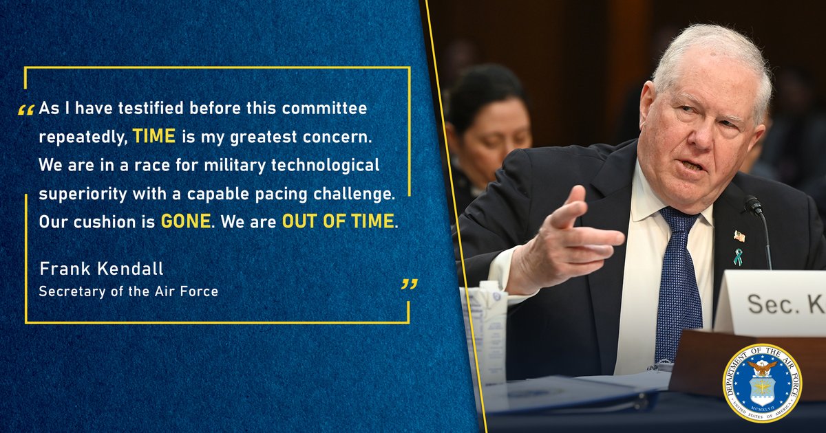 SecAF Frank Kendall testified before the Senate Committee on Armed Services April 16 regarding the department's FY25 budget request and the urgency of funding critical programs.
