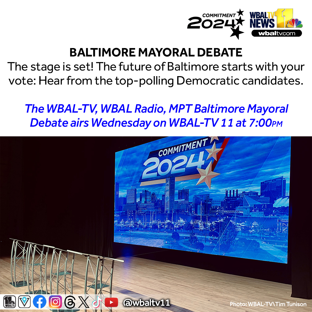BALTIMORE MAYORAL DEBATE: The stage is set! The future of Baltimore starts with your vote: Hear from the top-polling Democratic candidates. The @wbaltv11, @wbalradio, @mptnews Baltimore Mayoral Debate airs Wednesday on WBAL-TV 11 at 7:00PM on.wbaltv.com/3vUUZSl