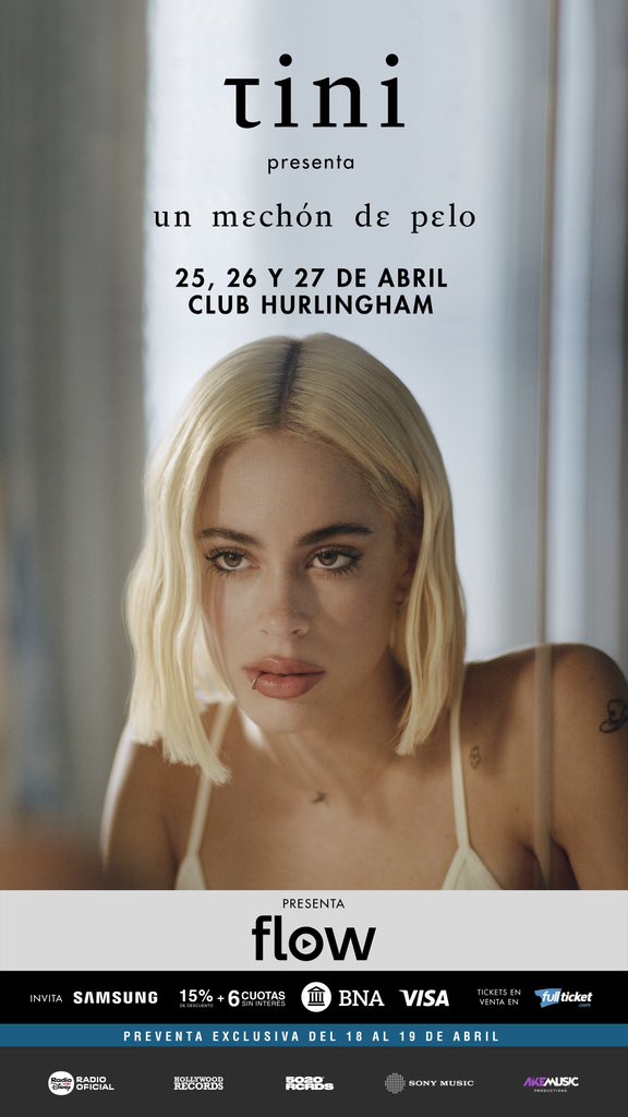 Tini presentará su nuevo álbum, Un Mechón de Pelo, con tres shows íntimos en Buenos Aires:

📅 25, 26 y 27 de Abril
📍 Club Hurlingham
🎟️ Entradas en venta desde el 18 de abril únicamente en fullticket.com

#RecitalesenArgentina