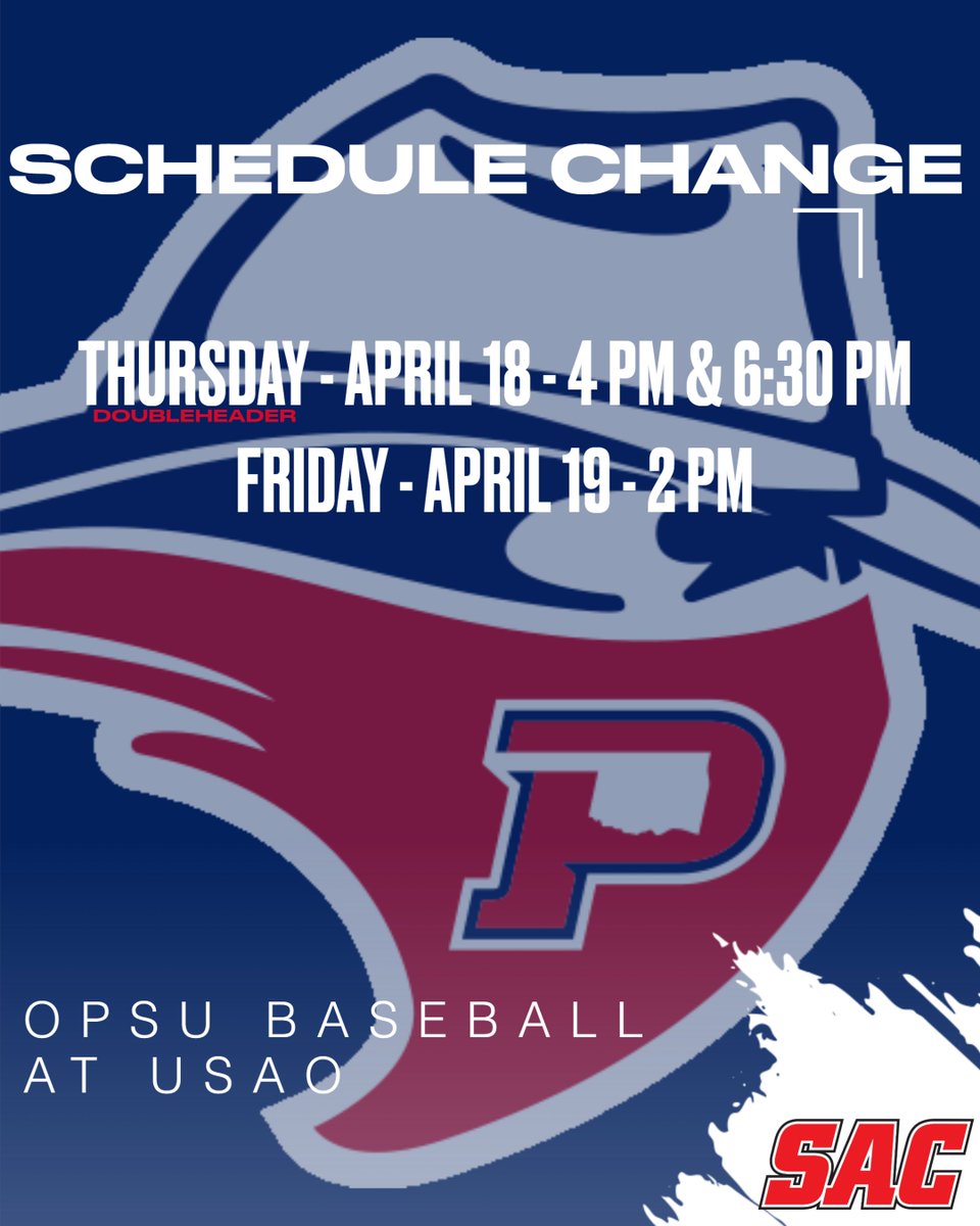 BASEBALL SCHEDULE CHANGE Series against USAO in Chickasha, OK will be on Thursday and Friday now!