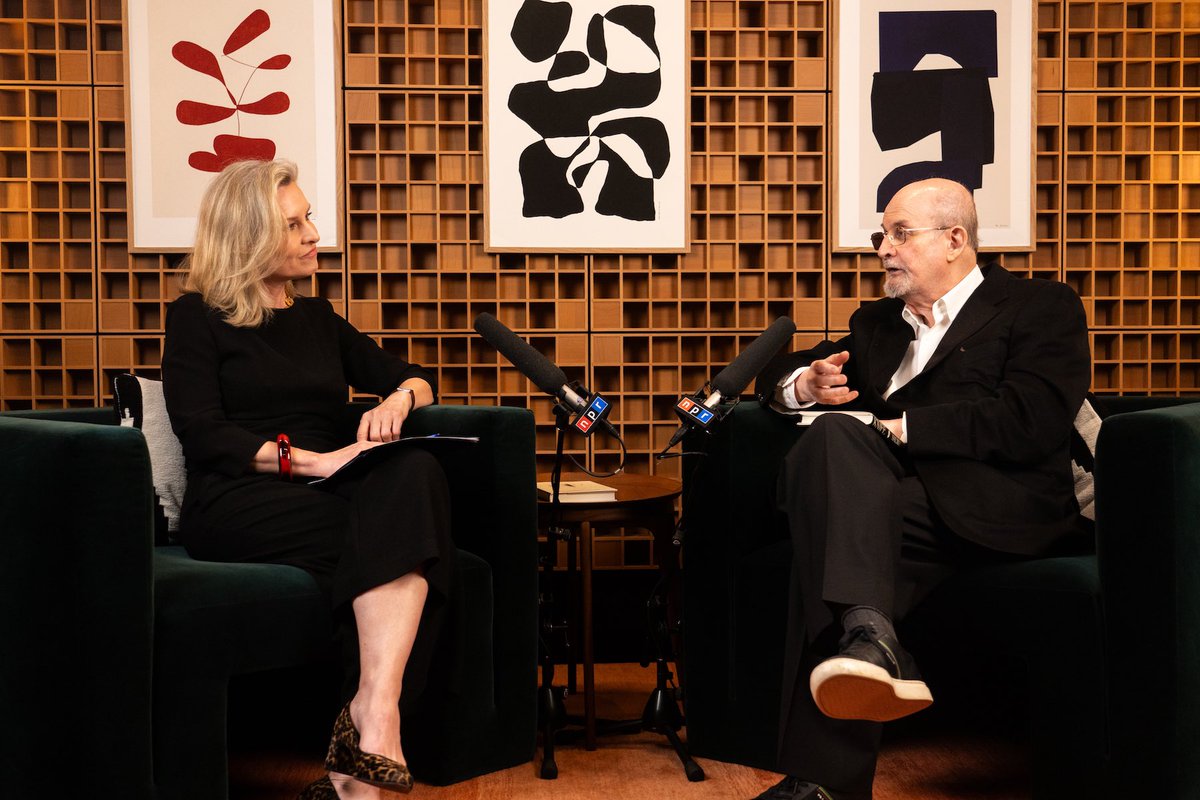 NPRKelly's tweet photo. We asked @SalmanRushdie about almost being murdered. Also about writing &amp; about finding great love, later in life. 
Full interview coming soon @npr @npratc
📸 @NickolaiHammar 
With editing/production by @WilliamTroop &amp; Megan Lim https://t.co/avCHGcEPQ4
