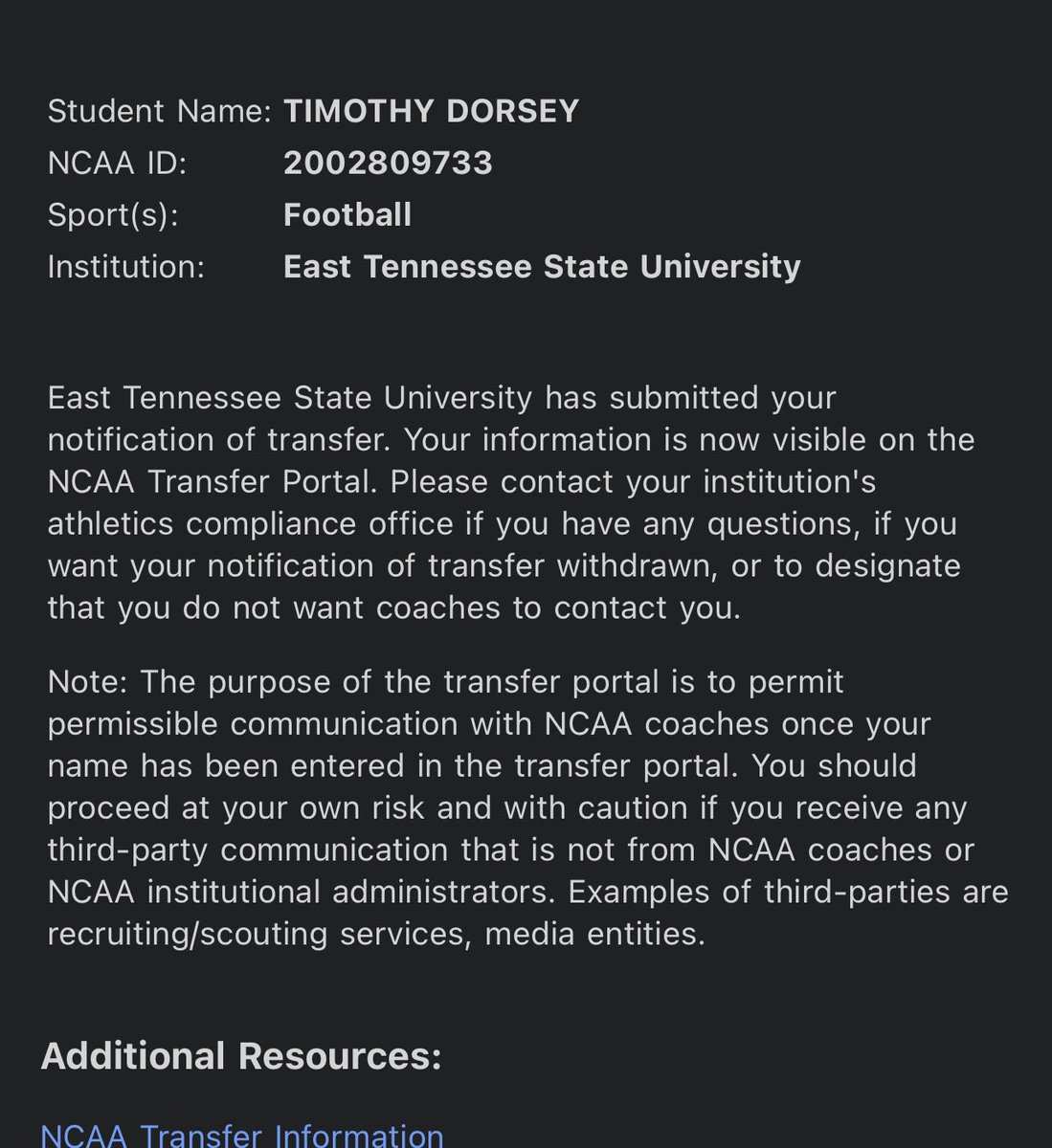 Walking by Faith not by Sight! I would like to thank the previous Coaching staff at ETSU. My teammates , the community, and all supporting staff at ETSU. I am officially in the transfer portal with 3 years of eligibility remaining. Dm me for film and current transcript.
