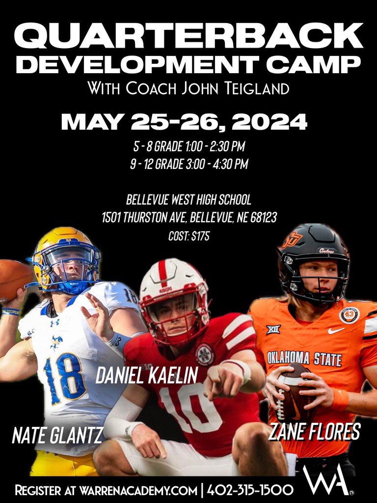 Excited for year three of our Quarterback Development Camp! Two days focused on building the Quarterback from the ground up. @nglantz18 @DanielKaelin5 @ZaneFlores12 Sign up ⬇️ warrenacademy.com