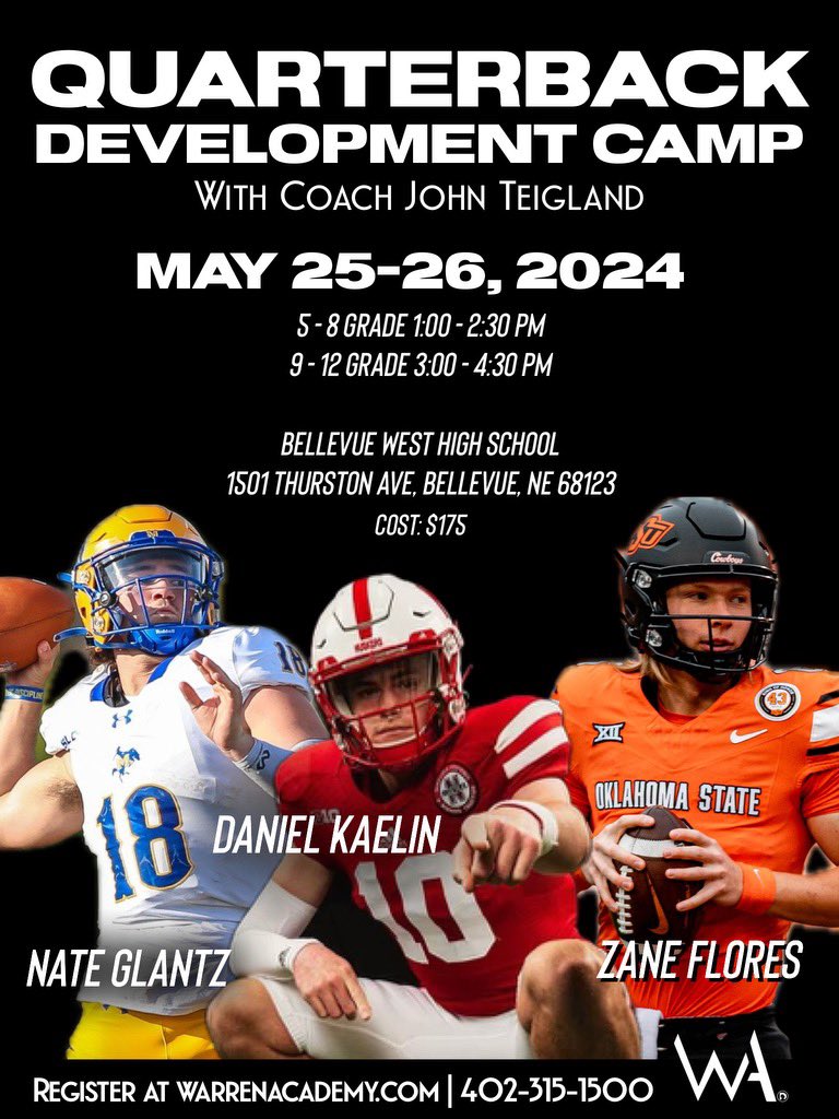 Excited for year three of our Quarterback Development Camp!
Two days focused on building the Quarterback from the ground up.

<a href="/nglantz18/">Nate Glantz</a> 
<a href="/DanielKaelin5/">Daniel Kaelin</a> 
<a href="/ZaneFlores12/">Zane Flores</a> 

Sign up ⬇️
warrenacademy.com