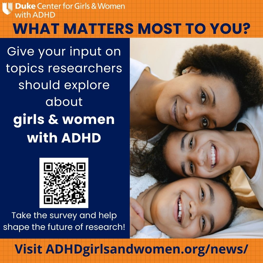 ADHDGirlsDuke's tweet photo. Share your voice and shape the future of research about girls and women with ADHD! Take the Center’s research topics prioritization survey. Hurry: survey ends on 4/22! https://t.co/xrLlqNfmBx
#ADHDGirls #ADHDWomen #ThinkDifferently #ADHDResearch #Research #ADHD #Duke #DukeHealth https://t.co/ecBp2fvXUu