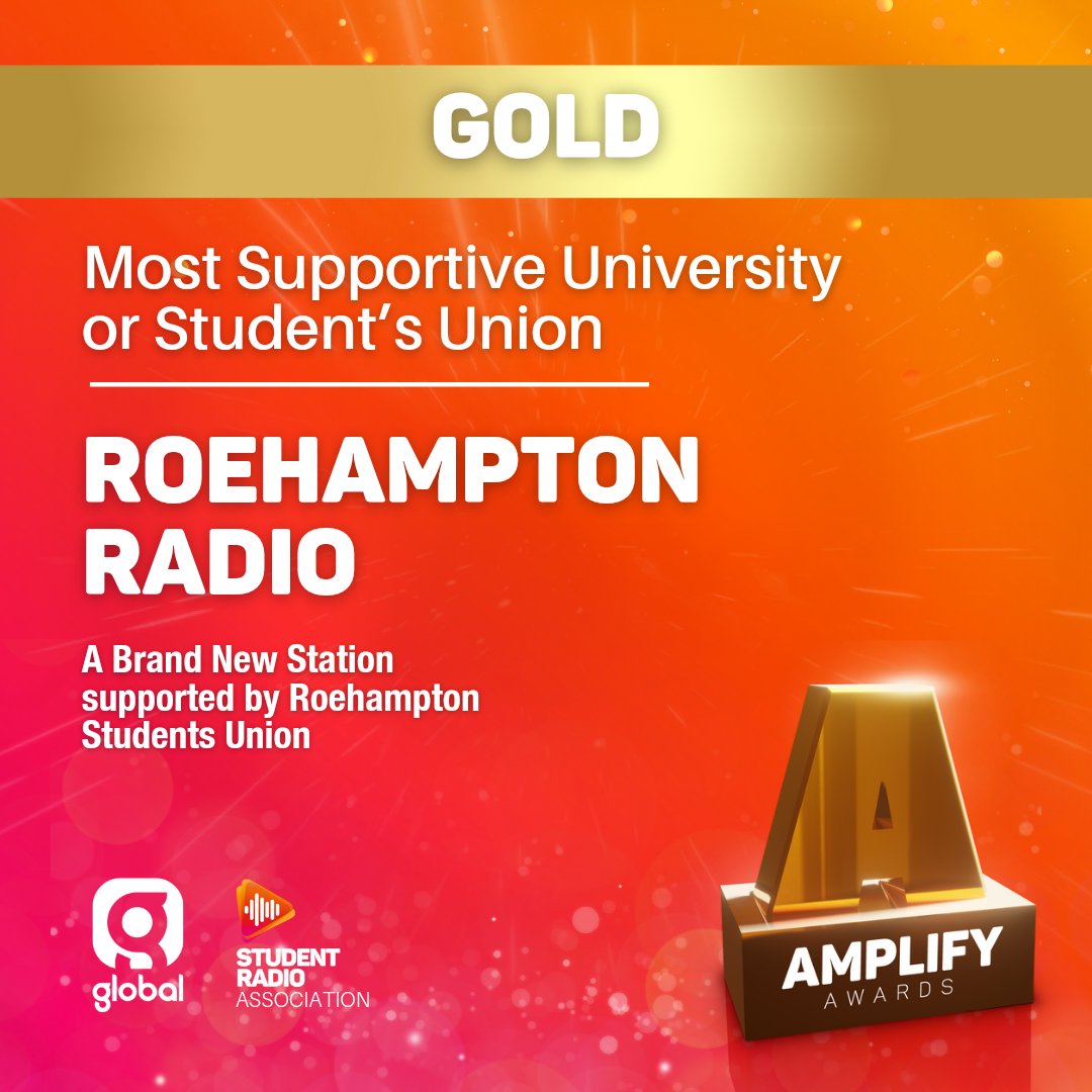 SRA's tweet image. And the standout Gold Amplify Award for Most Supportive University or Students' Union goes to... @RoehamptonSU and their support with 😱 A Brand New Station 😱 with Roehampton Radio - your support will allow a whole future of student radio, so thank you 🥹🏆

#SRACON #Amplifies