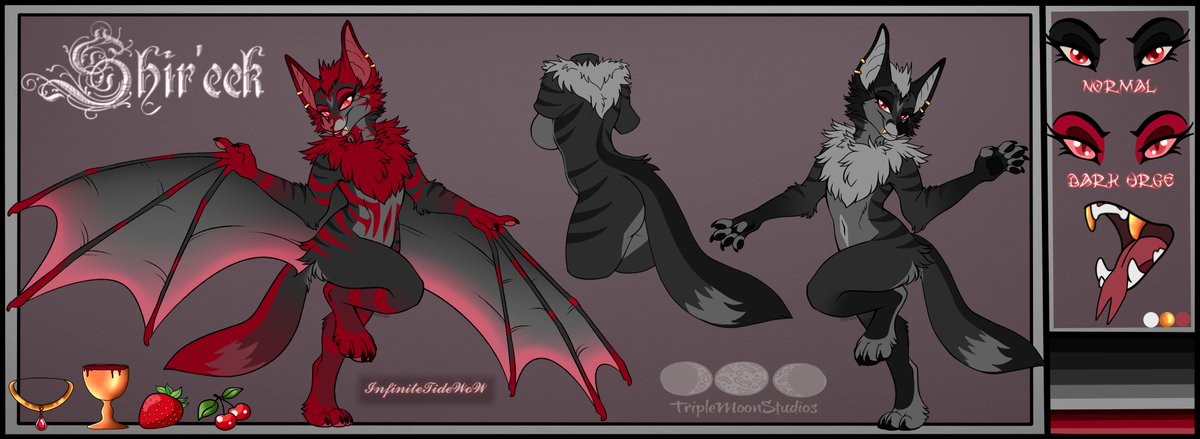 InfiniteTideWoW's tweet photo. Well, 
She's Here!
My Vampyric Vulpbat OC, Shir'eek (Shir)
The right side is her normal form &amp; the left is her Dark Urge form. Her TRP is still a WIP but I am happy to be done with the ref. 
I love her so much. 
🦊🦇
Lines: Xeshaire https://t.co/Kqu4127PrP