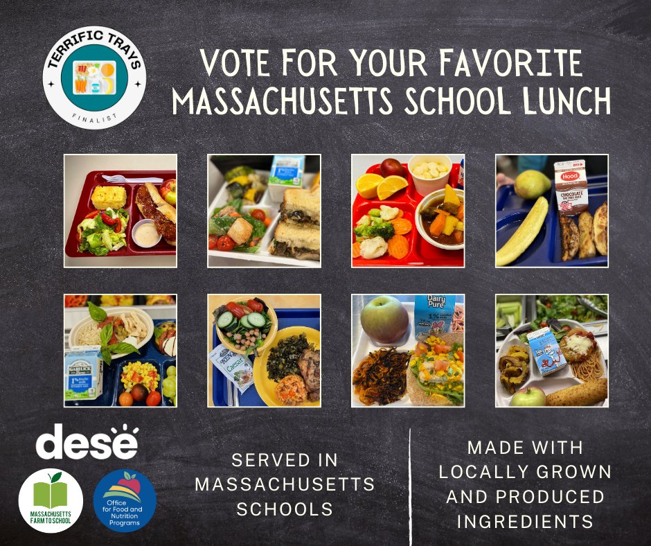 Who feeds children healthy meals while supporting American agriculture? School Nutrition Programs! Vote for your favorite Terrific Tray bit.ly/TerrificTray. Each School Lunch includes Massachusetts grown ingredients. @MASchoolsK12 and @MAFarmtoSchool #TerrificTrayMA