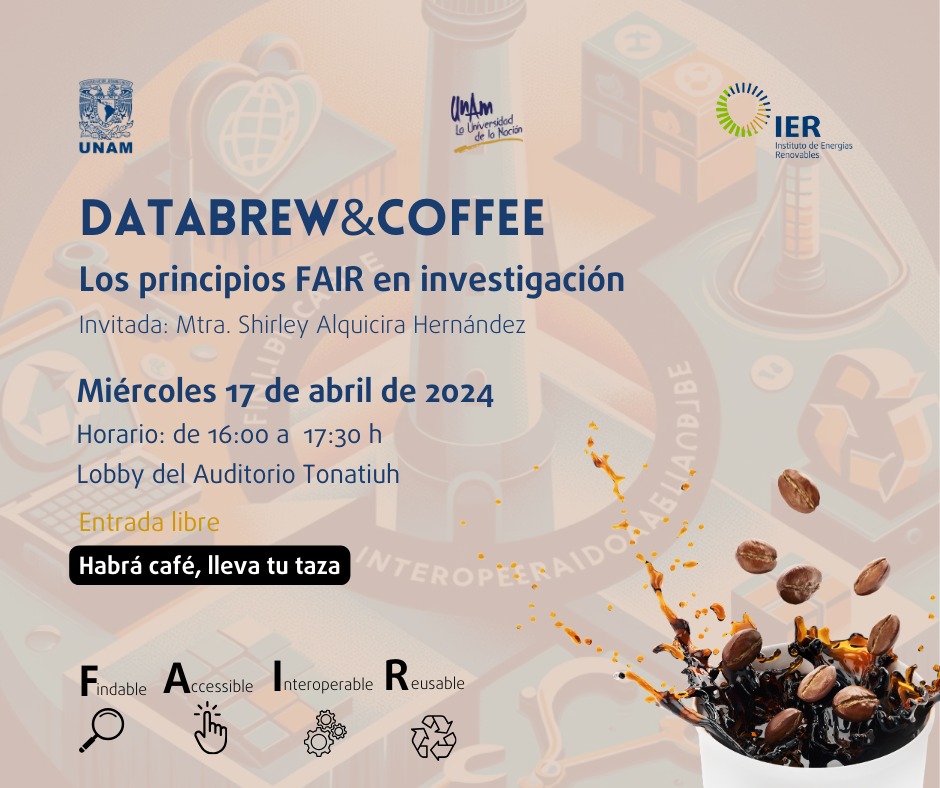 No olvides que mañana tenemos una cita con la Mtra. @shirley_ah , académica del @ccg_unam, para hablar sobre los principios #FAIR en investigación 🔎👆🏻⚙️♻️ ¡Te esperamos en el DataBrew&Coffee ☕️! Trae tu taza y disfruta de un café de alta especialidad 👌🏻