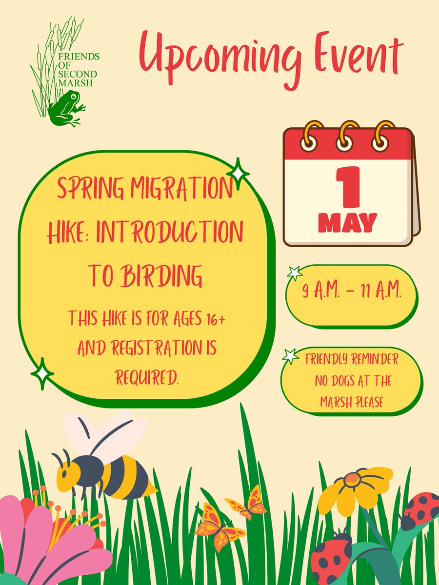 Spring is here and it’s almost time for our Spring Migration Hike!   

Register here: eventbrite.ca/e/spring-migra…

#SpringMigrationHike #Birding #LoveTheMarsh #FriendsOfSecondMarsh #Oshawa #SecondMarsh #NaturalHeritage #CulturalHeritage #OntarioWetlands <a href="/oshawacity/">City of Oshawa</a>