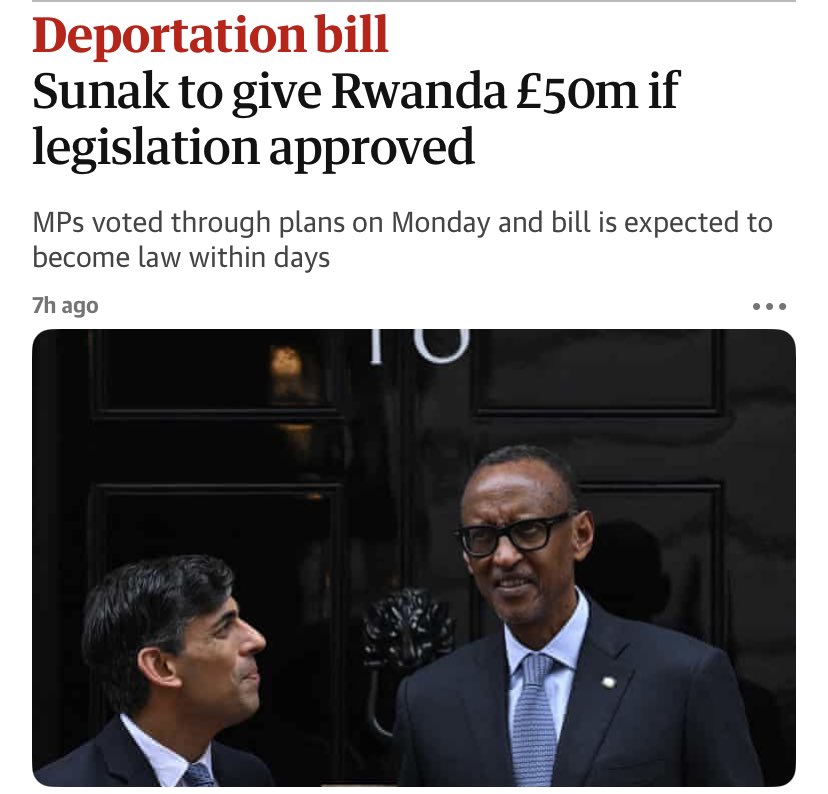 Rwanda Let's throw more money after bad 'Sunak to give Rwanda £50m if legislation approved' That's £50 million of our money after already spaffing £550 million for nothing